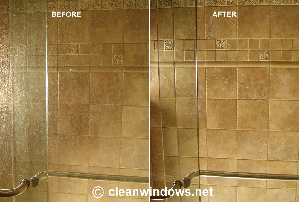 A before and after image of glass shower doors. The before side shows hard water stains. The after photo has clear glass shower doors. 